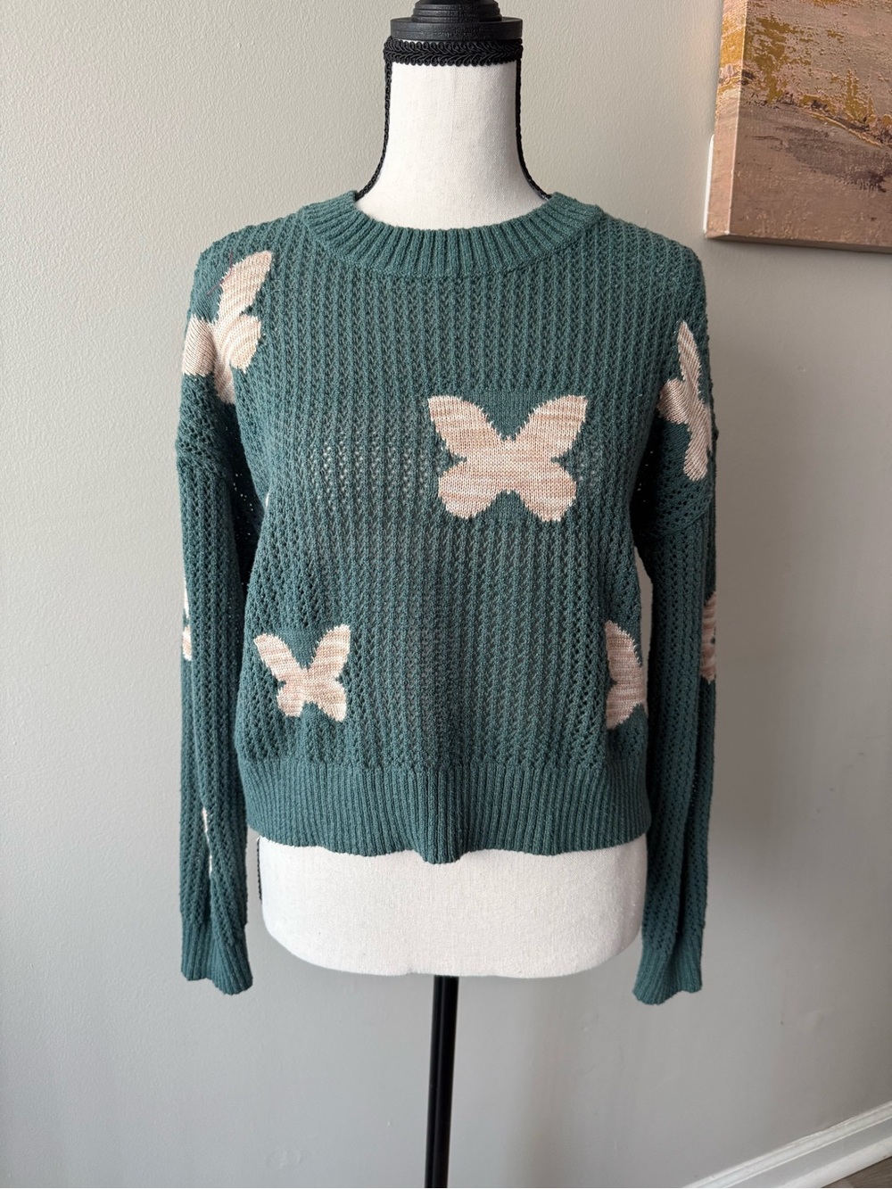 Sugar Moon Butterfly Knit Sweater Green Cream Chunky Pullover Women's Large